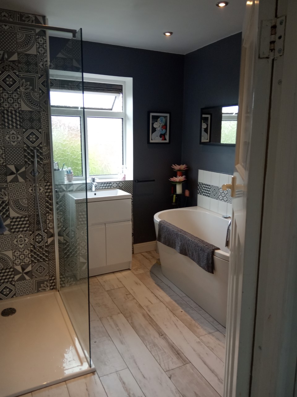 Renovated Bathroom with wooden floor