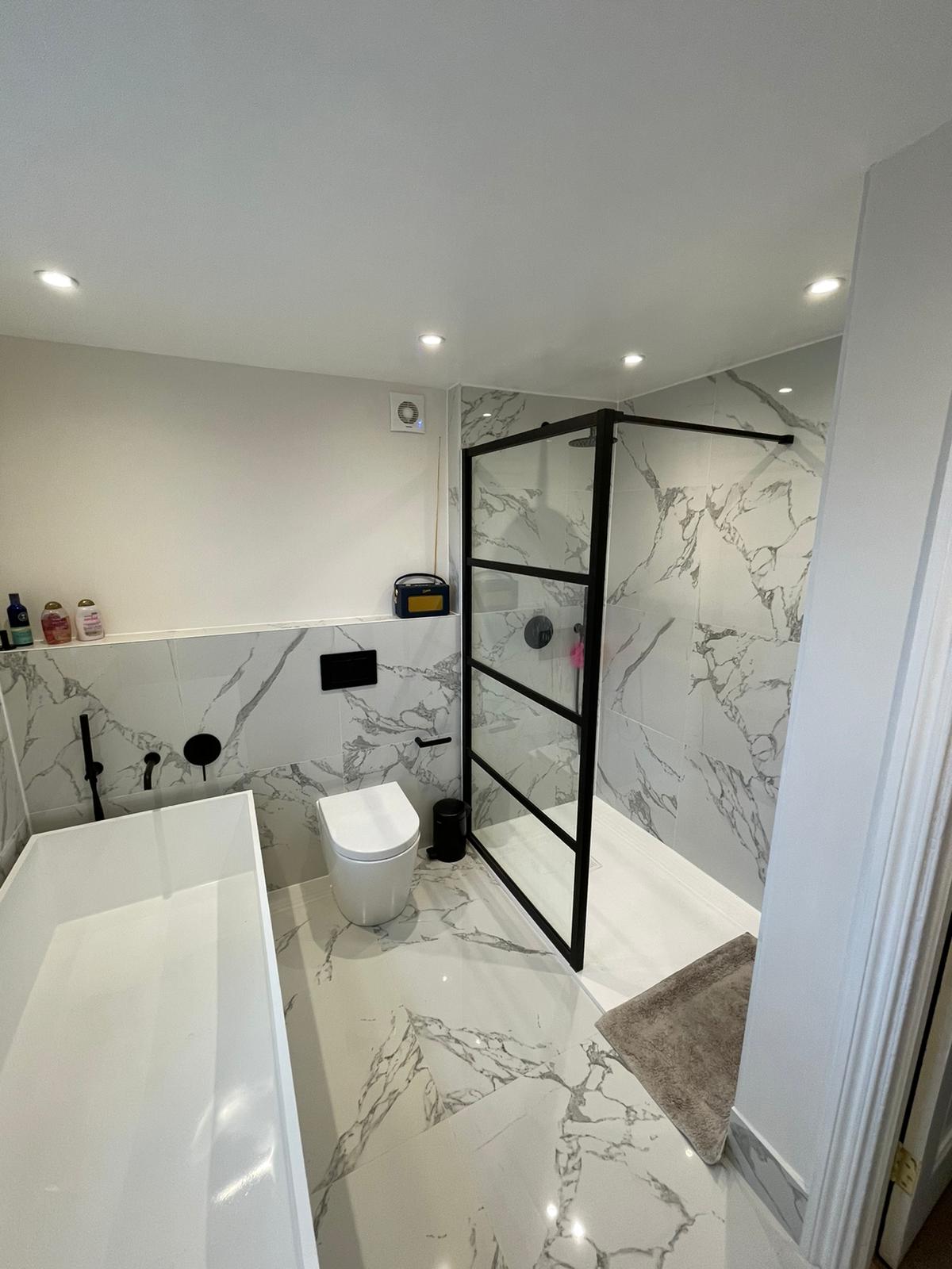 Marble Bathroom Refurbish, black frame walk-in shower