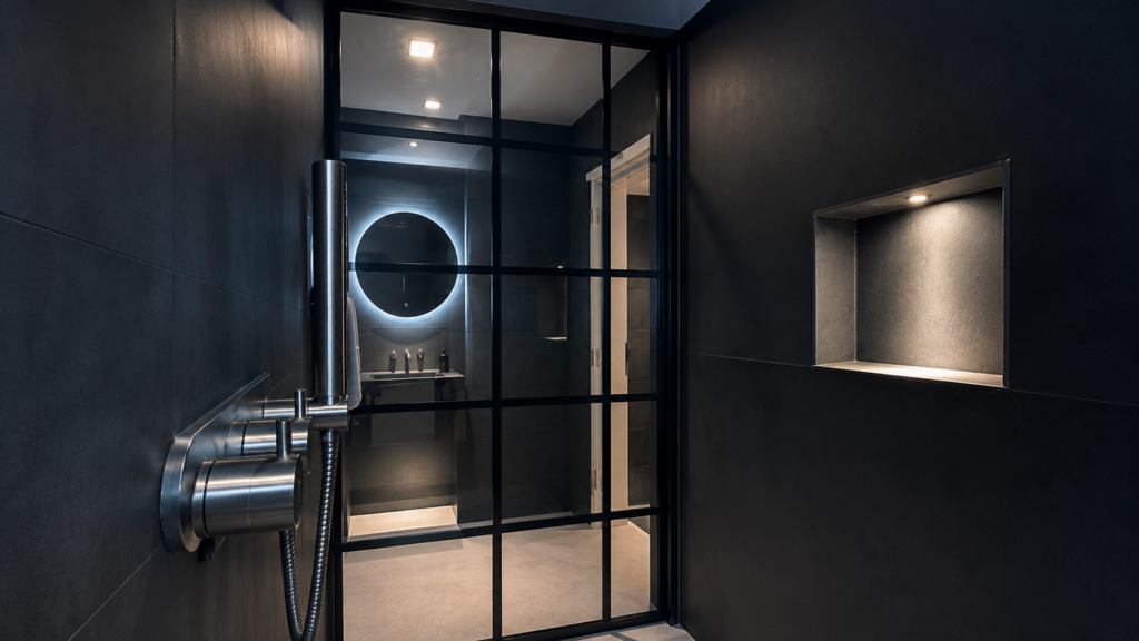 horizontal jd designed bathrooms black crittall shower screen led niche