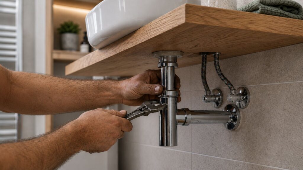 Close-up of a plumber repairing bathroom sink pipework and plumbing fittings beneath a modern basin