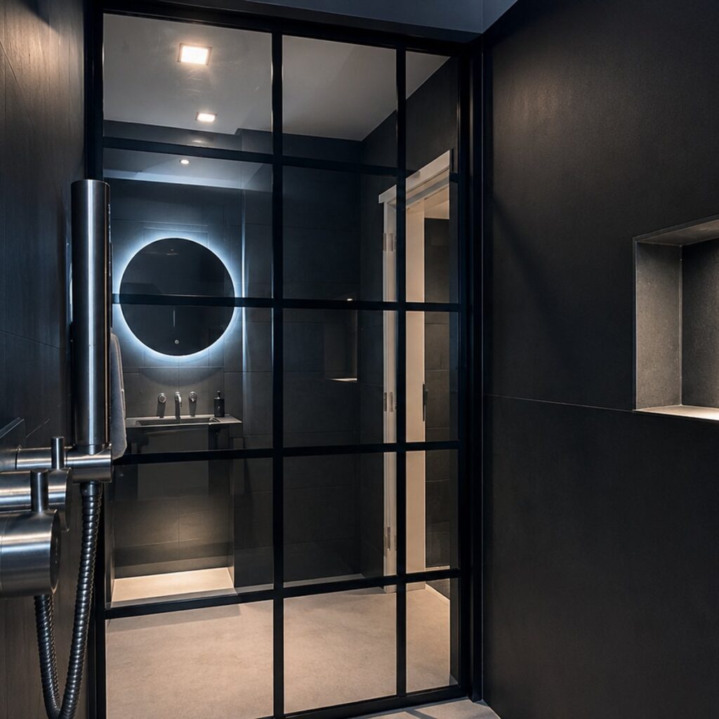 Black crittall-style shower screen with dark tiled walls and illuminated recessed niche designed and installed by JD Designed Bathrooms