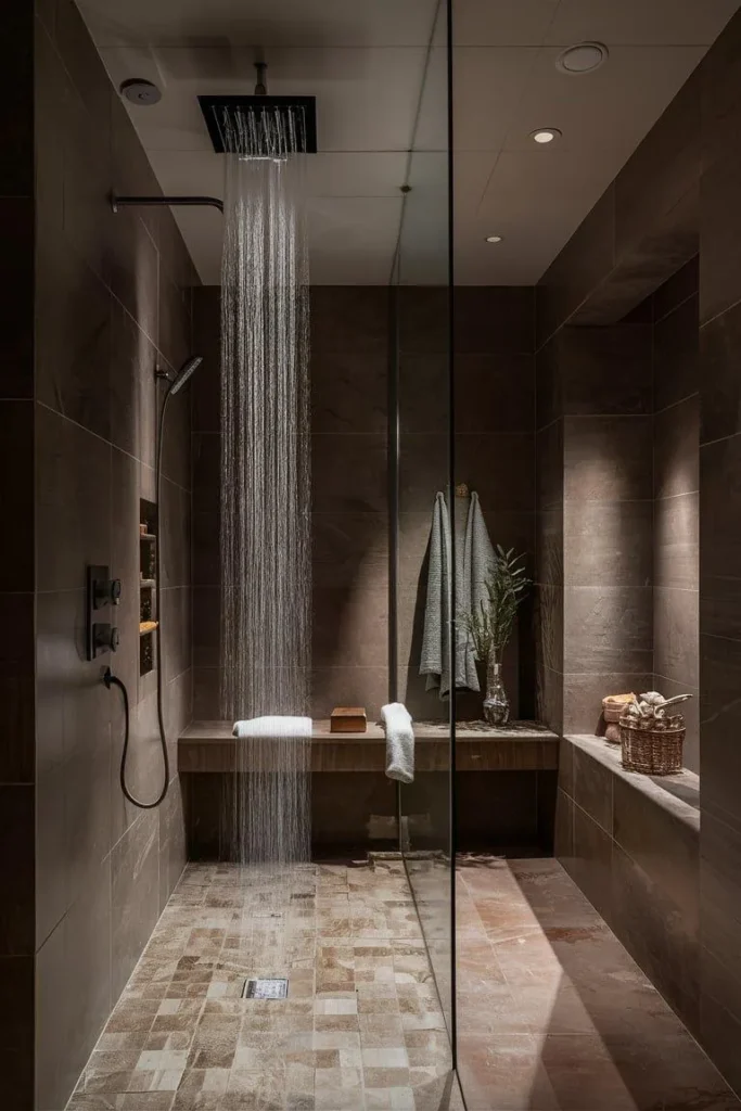 Modern walk-in shower with a rainfall shower head, professionally installed as part of a luxury bathroom renovation.