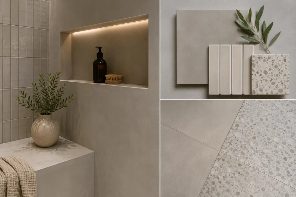 Modern bathroom design combining seamless microcement walls with feature tiles, creating a contemporary and minimalist finish.