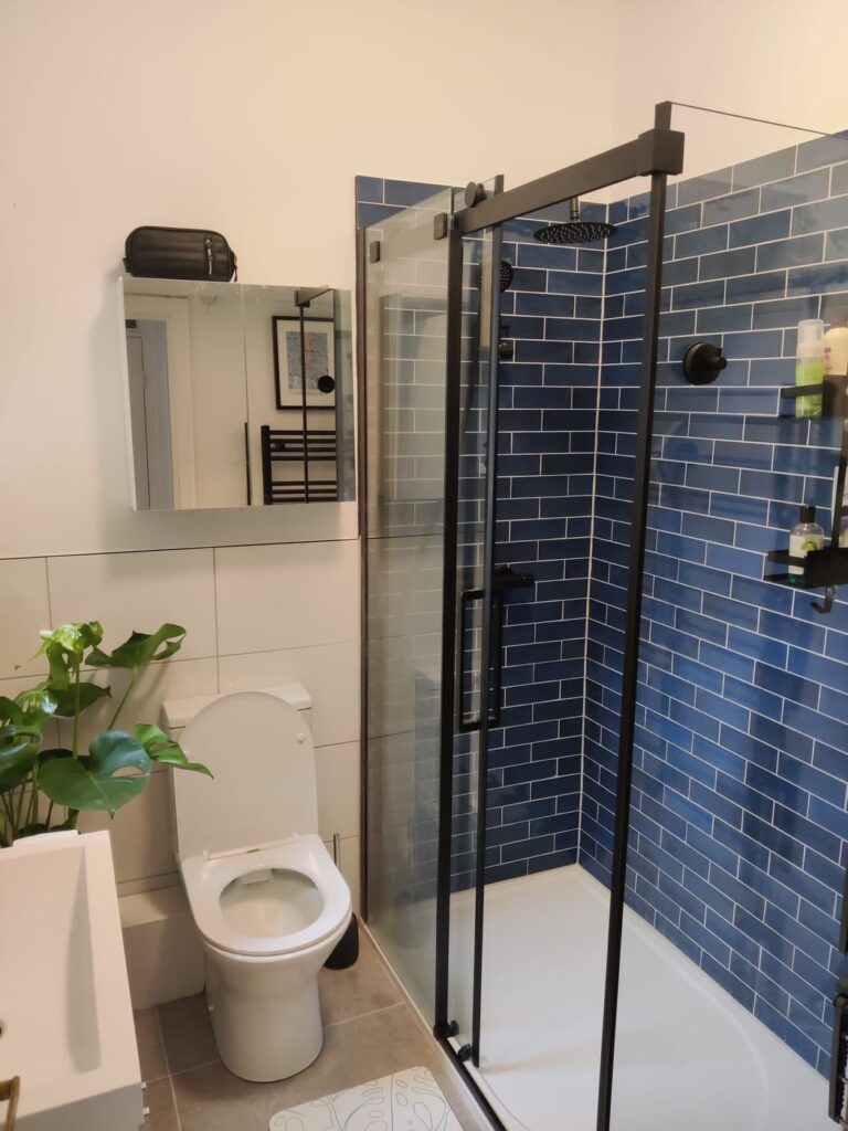 modern blue subway tile walk in shower london