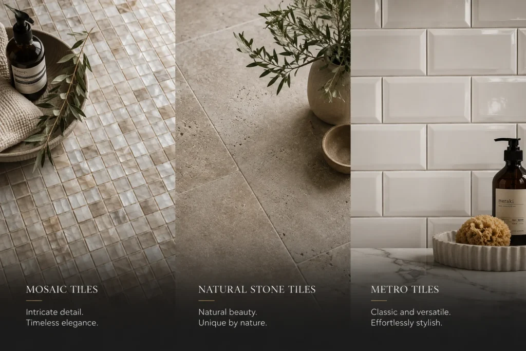 Close-up comparison of premium mosaic, natural stone and metro tiles for bathroom design and installation.
