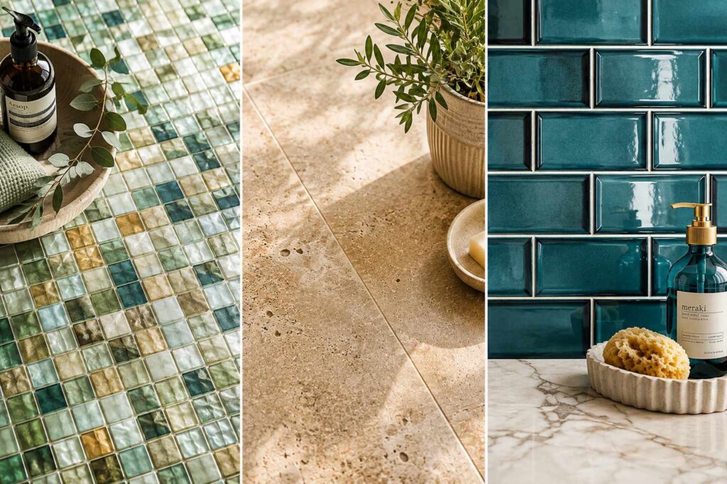 Premium bathroom tile options featuring mosaic tiles, natural stone flooring and glossy metro wall tiles in a bespoke bathroom setting