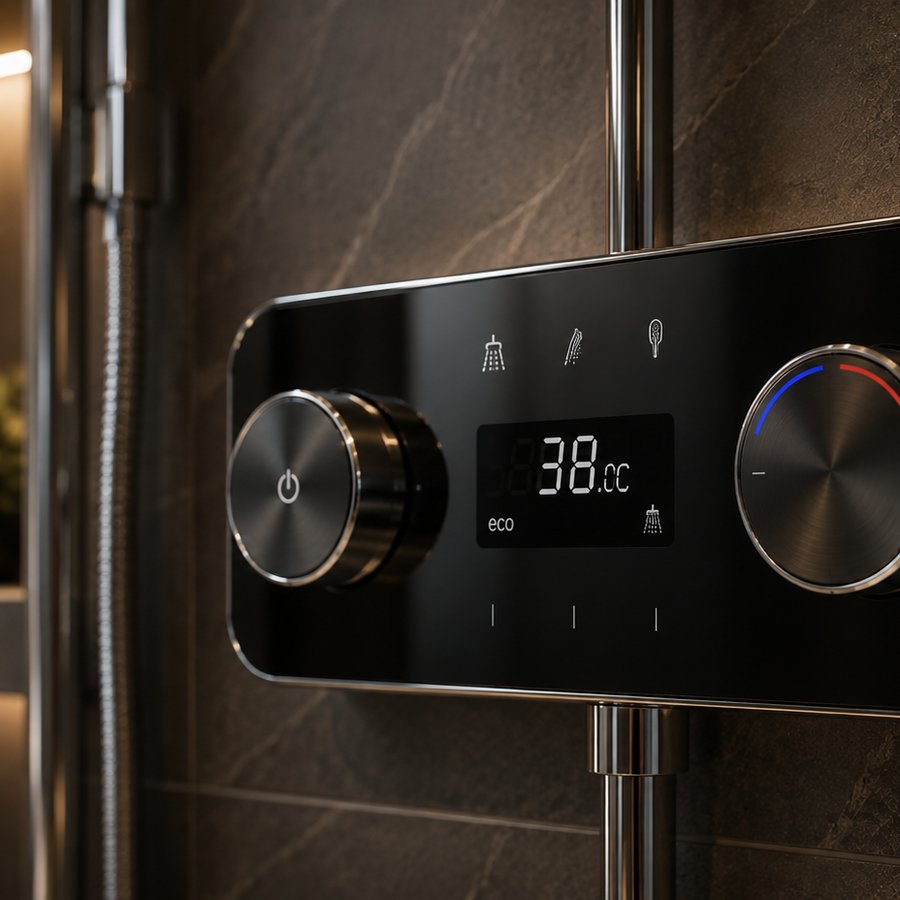 Close-up of a premium digital shower control and thermostatic temperature display in a modern South London bathroom.