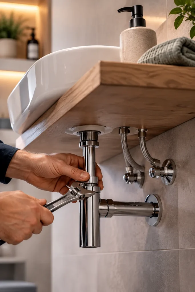 installing and tightening pipework beneath a modern bathroom sink during a professional bathroom installation
